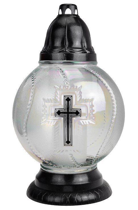 Znicz szklany D51D 32,5 cm – elegancka kula z czarnym krzyżem